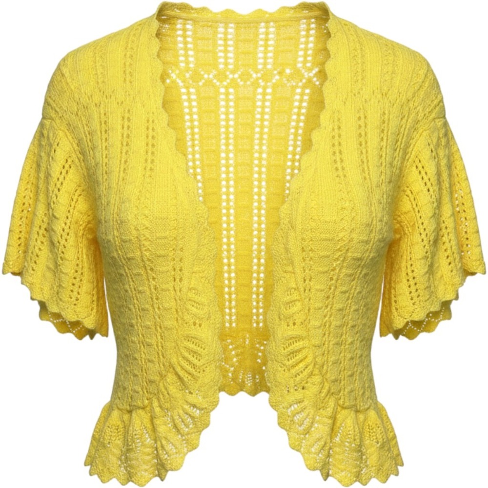 Cato Woman L? Yellow Pointelle Knit Shrug Scalloped Cropped Cardigan